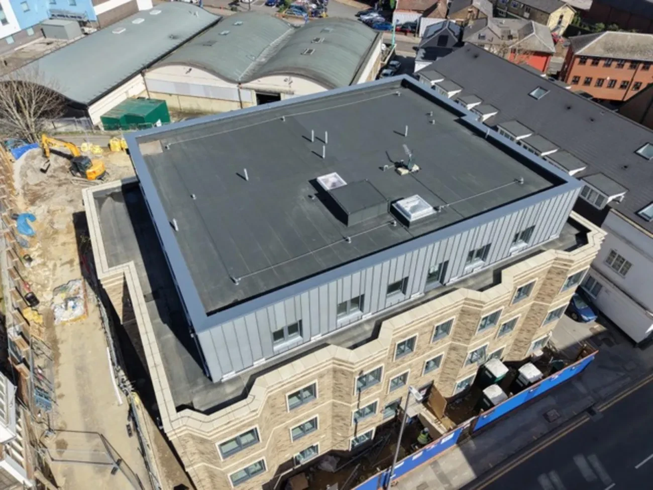 Aerial view of the building nearing completion