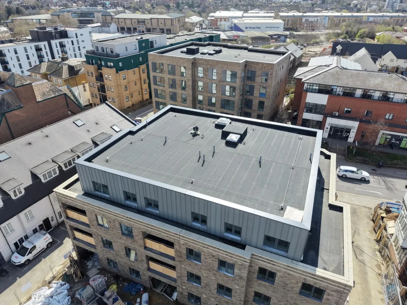 Oblique aerial view of the completed roof with metal cladding